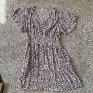 Loft Floral V-Neck Short Sleeve Dress - Red & Blue Floral